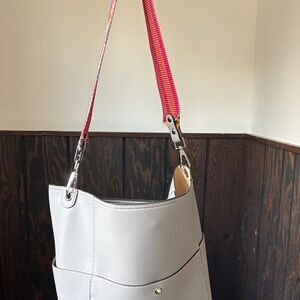 Elegant Gray Women's Bag with Colorful Strap